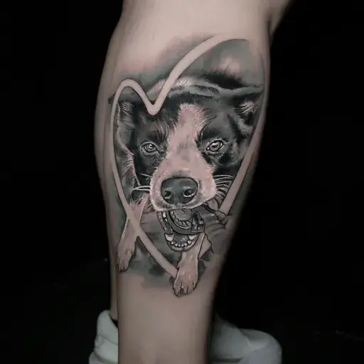 realistic border collie dog tattoo inside a heart on calf