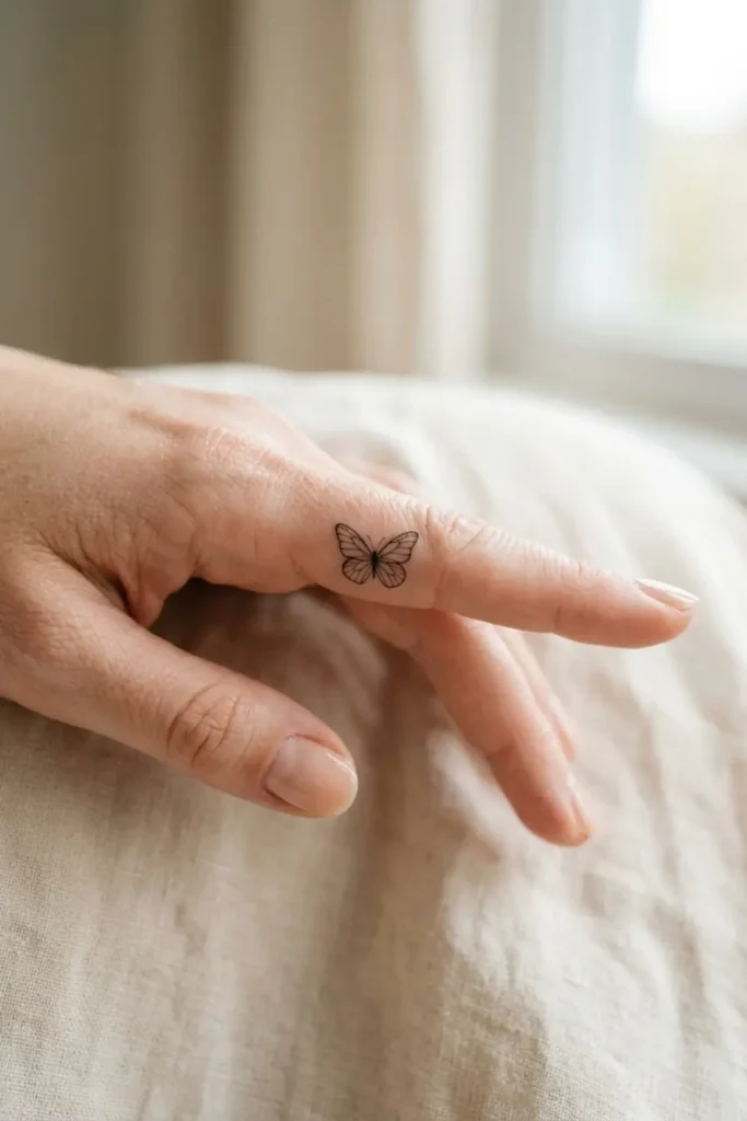 small tattoo ideas, tiny fine line butterfly tattoo on the finger
