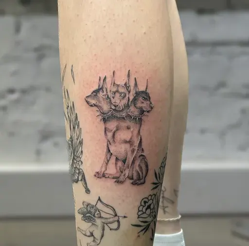 small cerberus three headed dog tattoo on calf