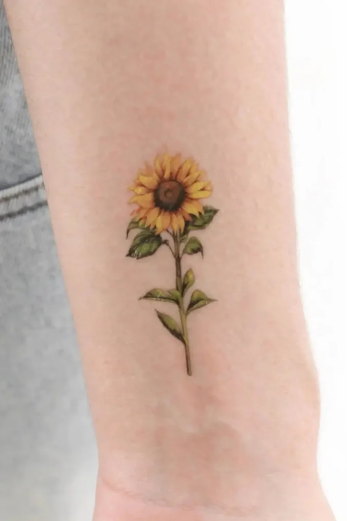 small colorful sunflower tattoo with falling petals beside a tiny star tattoo on the hand