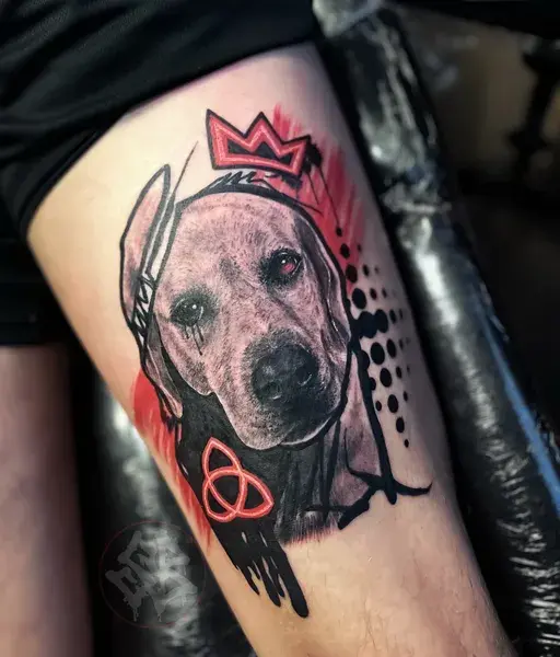 trash polka dog portrait tattoo with crown and red accents